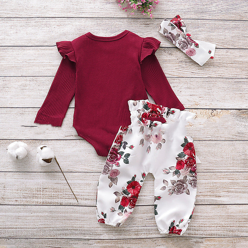 Three Piece Baby Girl Cotton Long Sleeved One Piece Romper Baby Trousers