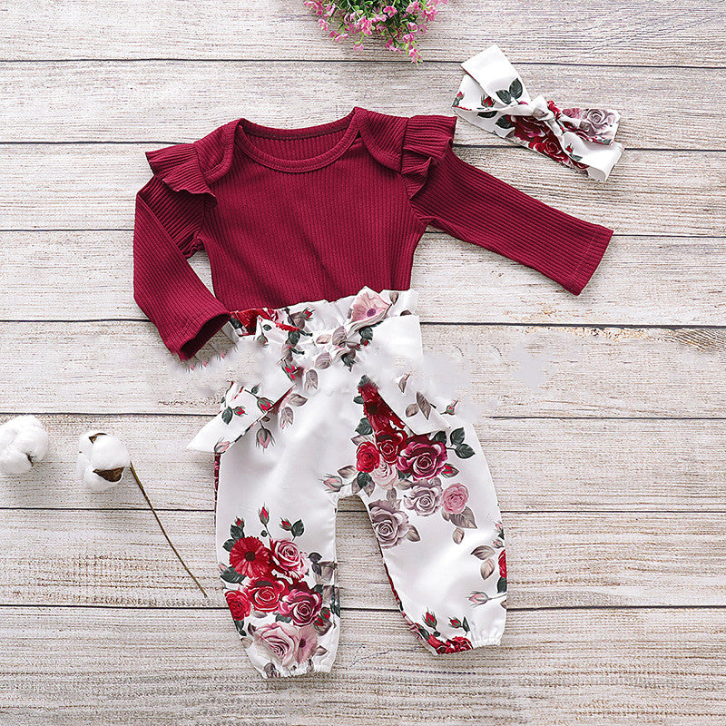 Three Piece Baby Girl Cotton Long Sleeved One Piece Romper Baby Trousers