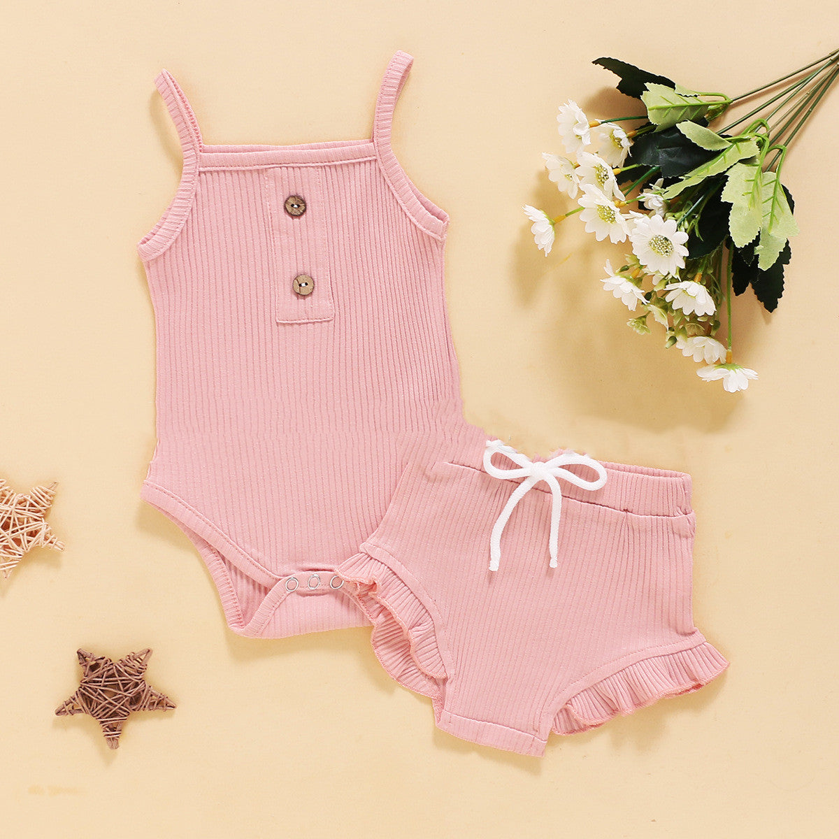 Solid Color Sling Suspenders And Lace Shorts