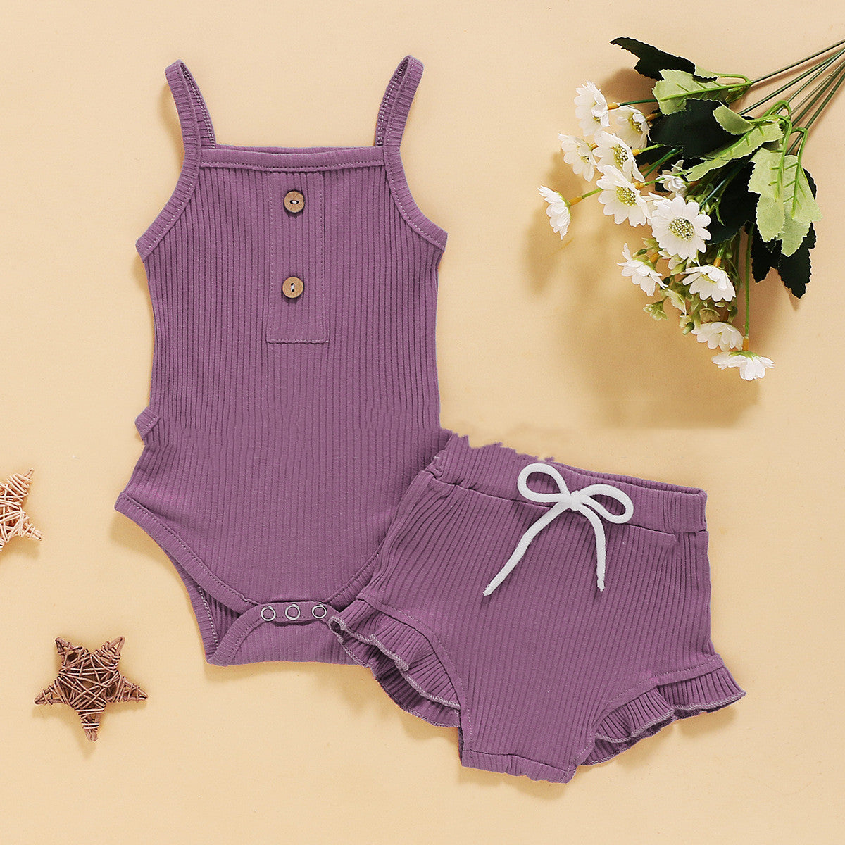 Solid Color Sling Suspenders And Lace Shorts